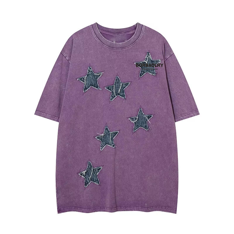 Custom Hoge Kwaliteit Streetwear Crew Neck T-shirt Applicatiepatches Borduurwerk Acid Washed Vintage T-shirt