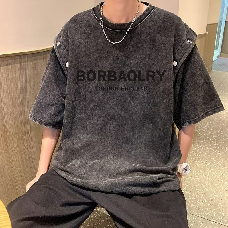 Vintage Afneembaar T-shirt met korte mouwen voor heren, los zwaar katoen, acid wash T-shirt Top Zomer Trend Merk T-shirts