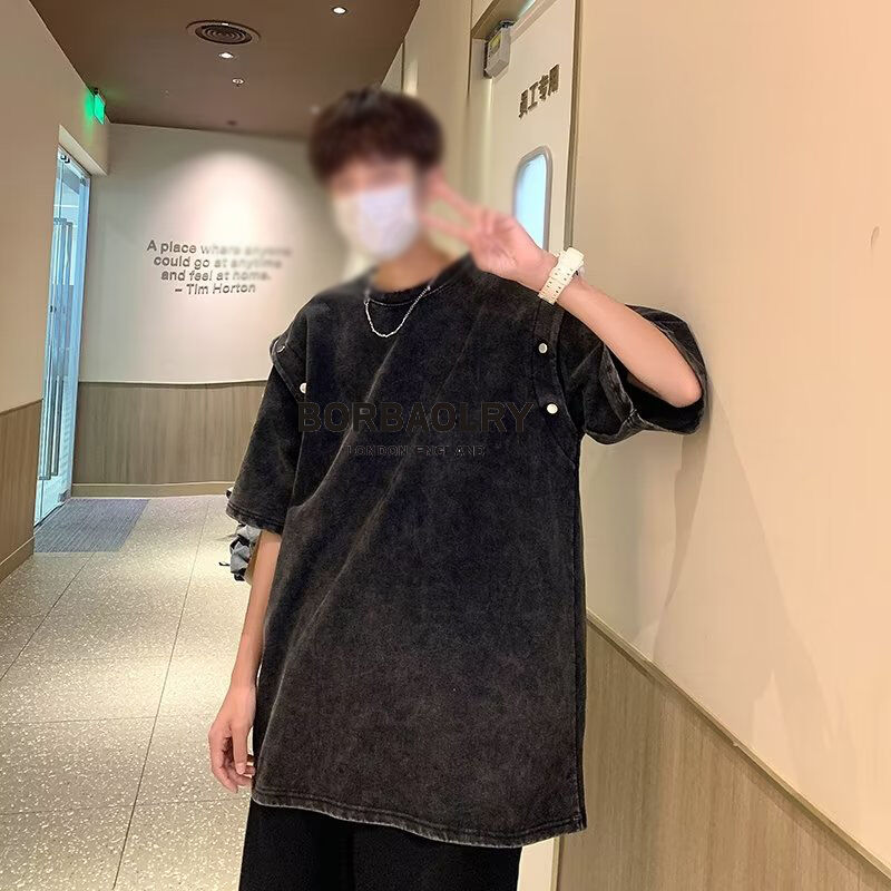 Vintage Afneembaar T-shirt met korte mouwen voor heren, los zwaar katoen, acid wash T-shirt Top Zomer Trend Merk T-shirts