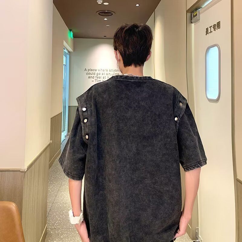 Vintage Afneembaar T-shirt met korte mouwen voor heren, los zwaar katoen, acid wash T-shirt Top Zomer Trend Merk T-shirts