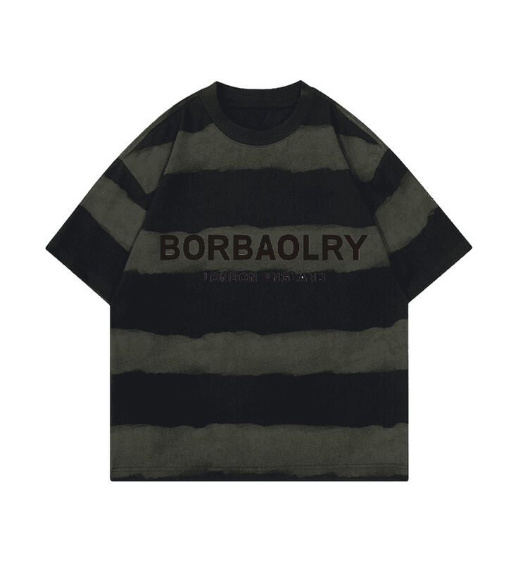 Groothandel 220g T-shirt katoen mode casual los gestreepte top stropdas gekleurde ambachtelijke neergedaalde schouders ronde nek korte mouw