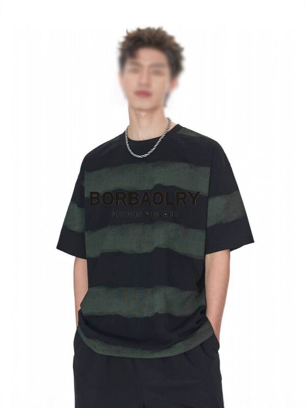 Groothandel 220g T-shirt katoen mode casual los gestreepte top stropdas gekleurde ambachtelijke neergedaalde schouders ronde nek korte mouw