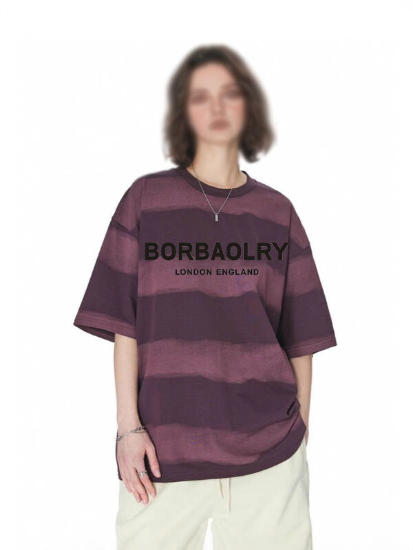 Groothandel 220g T-shirt katoen mode casual los gestreepte top stropdas gekleurde ambachtelijke neergedaalde schouders ronde nek korte mouw