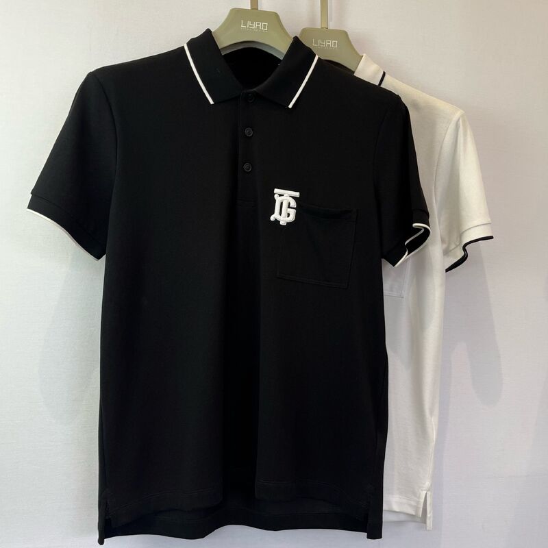 Mensenlogo - geborduurd polo shirt. Zwart met witte trim borstzak en monogram trendy design Pique mannen polo shirt