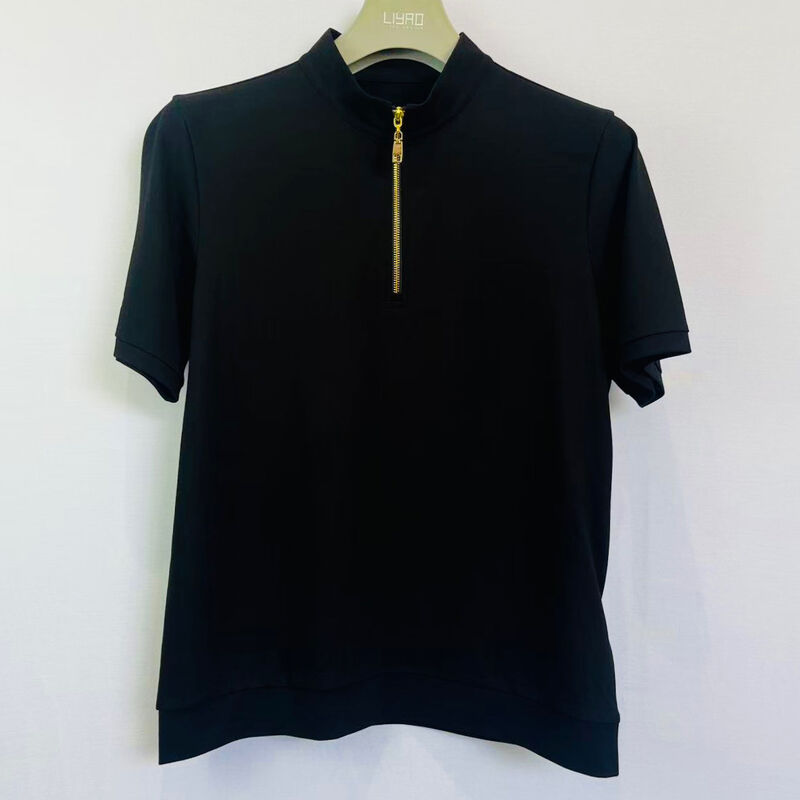 Heren Poloshirt met Opstaande Kraag | Zwart met Gouden Rits Korte Mouw Moderne Minimalistische Stijl Jersey Heren Poloshirt