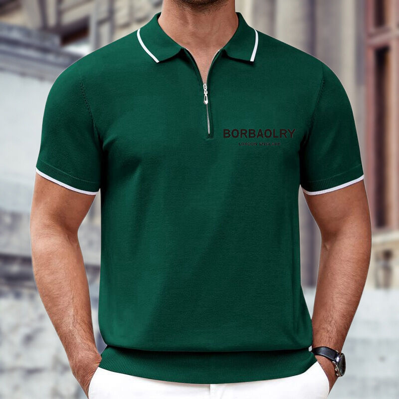 Europese Stijl Zomer Heren Casual Zakelijke Poloshirt Katoen Geweven Effen Gebreid Patroon met Rits Kraag Rits Gebreid