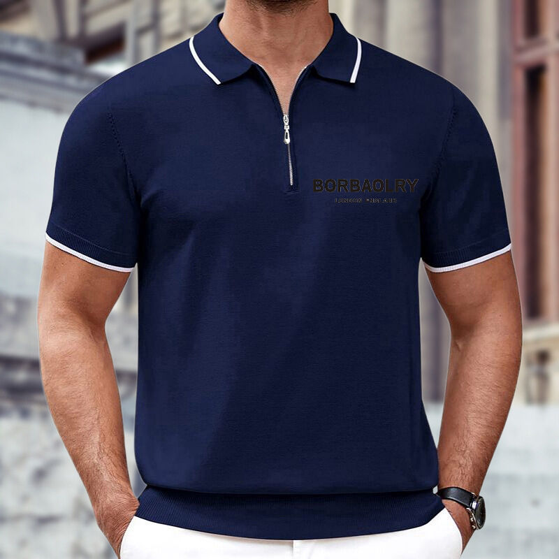 Europese Stijl Zomer Heren Casual Zakelijke Poloshirt Katoen Geweven Effen Gebreid Patroon met Rits Kraag Rits Gebreid